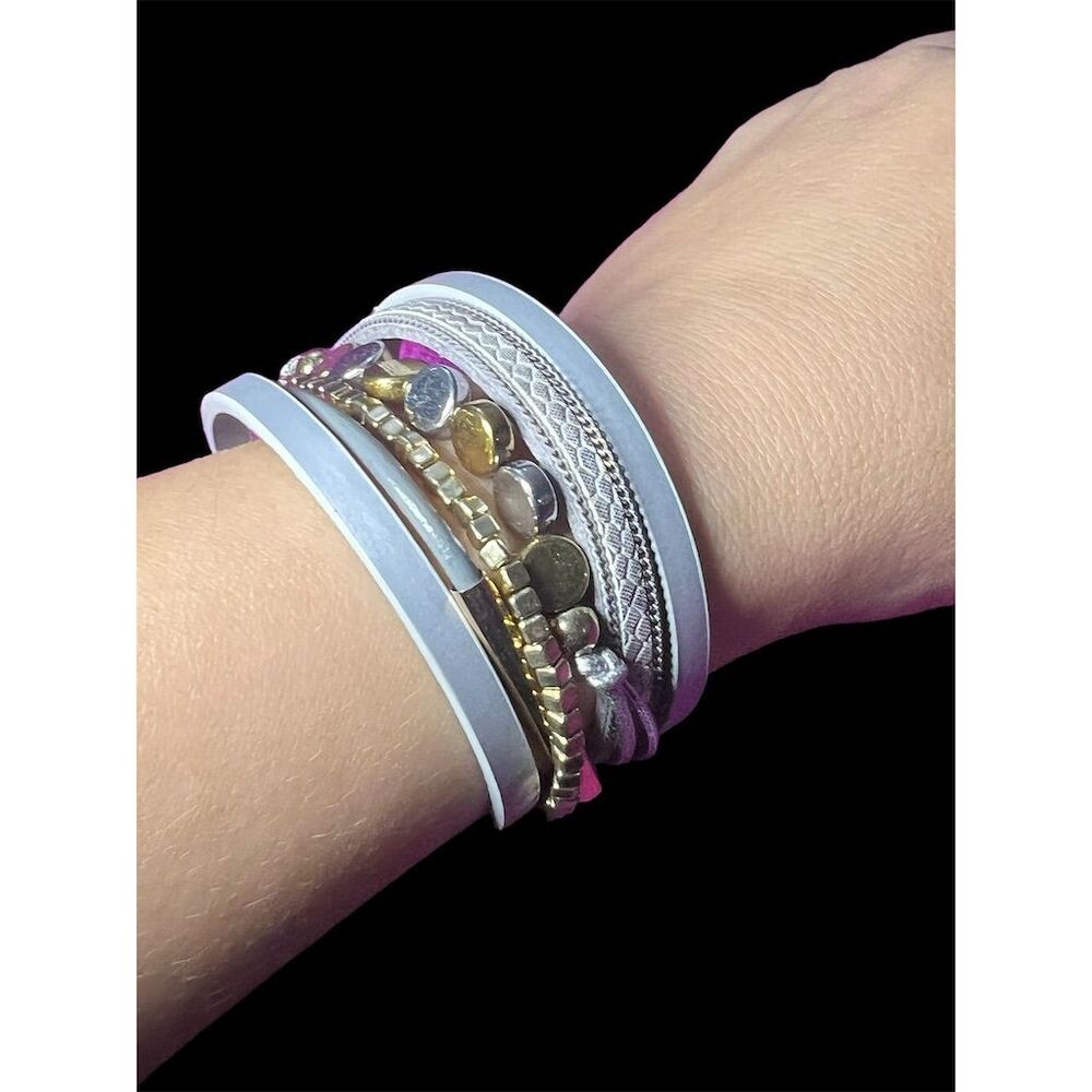 Boho Silver and Gold Multi-Layered Wrap Bracelet with Magnetic Closure - Picture 8 of 11